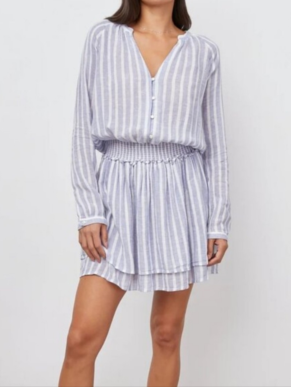 Rails Jasmine Rhone Dress XS Blue White Stripe Linen Smocked Waist Mini Boho